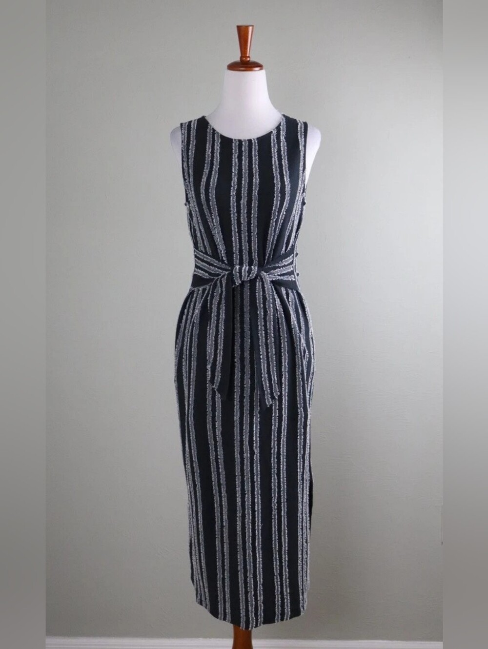 Sleeveless Black & White Striped Tie-Waist Midi Dress